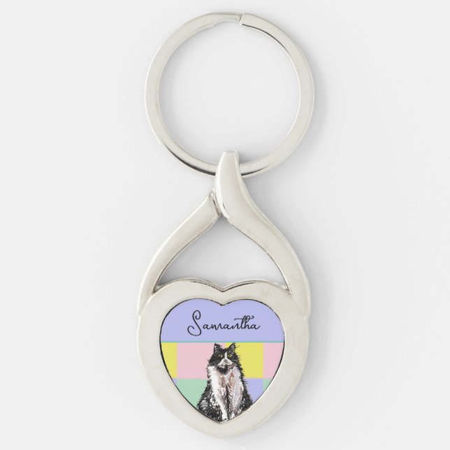 Tuxedo Cat Cute Cats Black White Pastel Rainbow Keychain (Front)