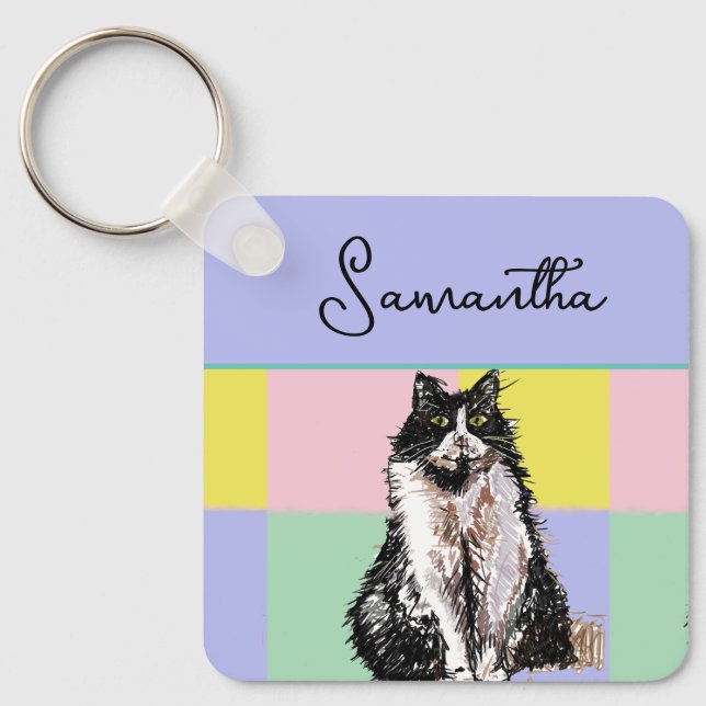 Tuxedo Cat Cute Cats Black White Pastel Rainbow Keychain (Front)