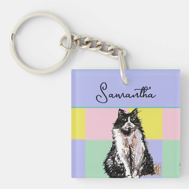 Tuxedo Cat Cute Cats Black White Pastel Rainbow Keychain (Front)