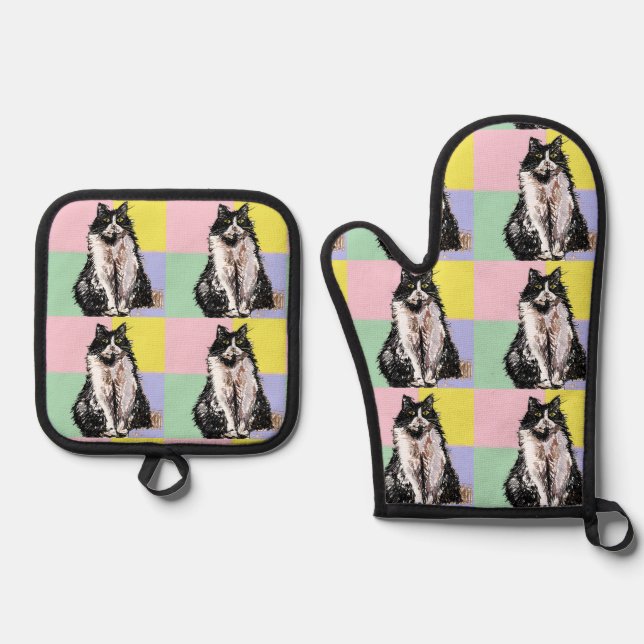 Tuxedo Cat Cute Cats Black White Pastel Rainbow Oven Mitt & Pot Holder Set (Front)