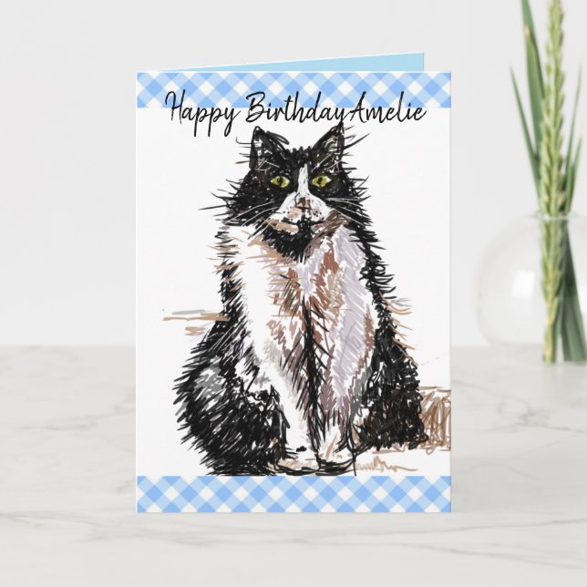 Tuxedo Cat Cute Drawing Black and White Cats  Card (Front)