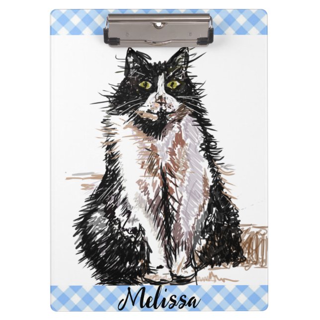 Tuxedo Cat Cute Drawing Black and White Cats Girls Clipboard (Front)