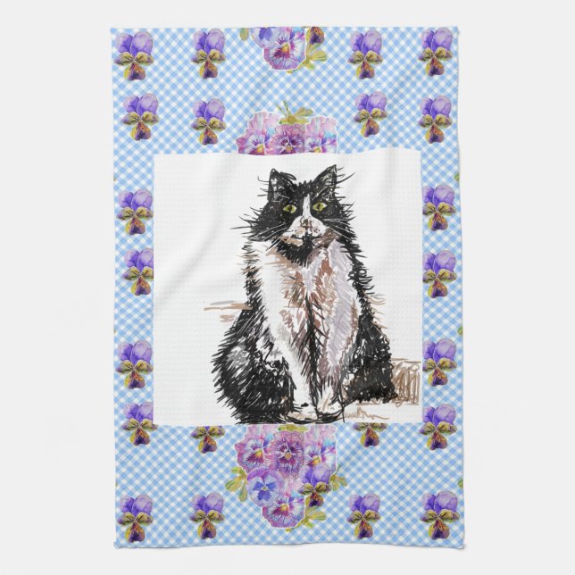 Tuxedo Cat Cute Drawing Black White Cats Kitchen Towel (Vertical)