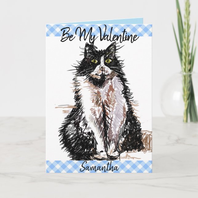 Tuxedo Cat Cute Drawing Black White Valentines Day Card (Front)