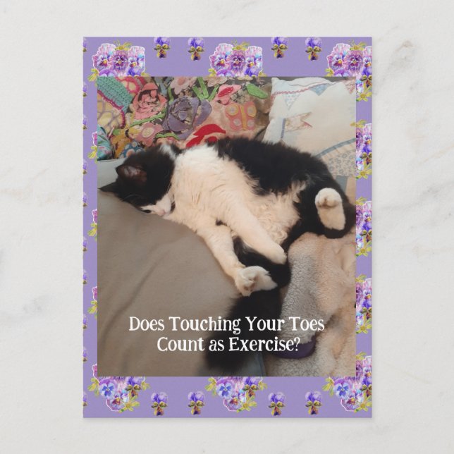 Tuxedo Cat Cute Happy Birthday Touching Toes Card (Front)