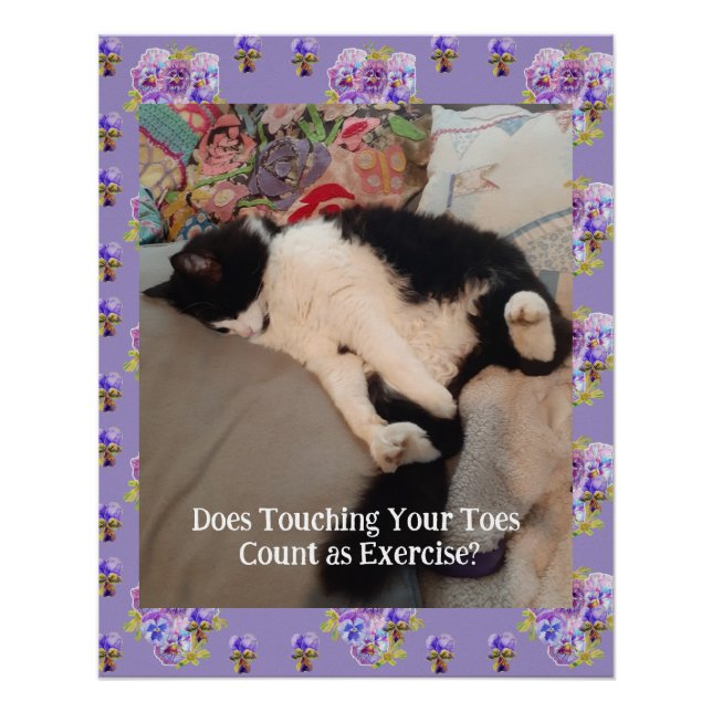 Tuxedo Cat Cute Happy Birthday Touching Toes Card Poster (Front)