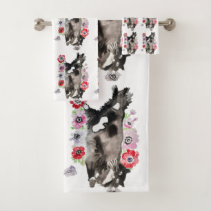 Tuxedo Cat Cute Pretty Flowers Cats Watercolor Bath Towel Set