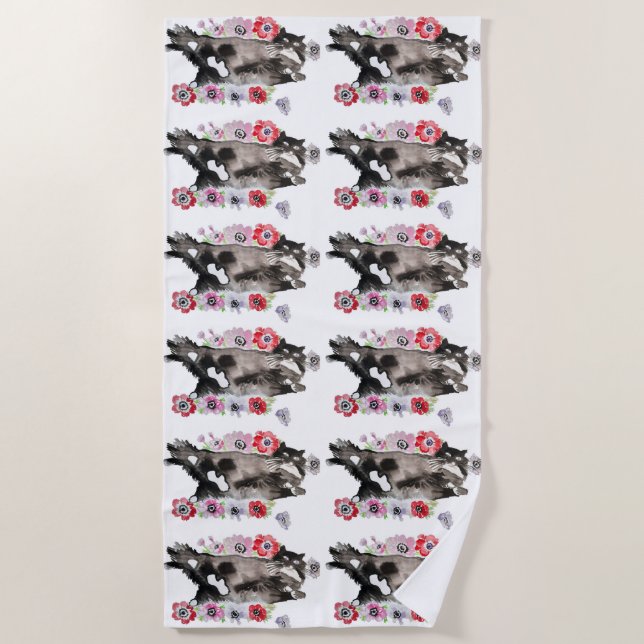 Tuxedo Cat Cute Pretty Flowers Cats Watercolor Beach Towel (Front)