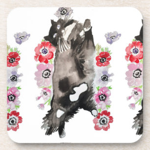 Tuxedo Cat Cute Pretty Flowers Cats Watercolor Coaster