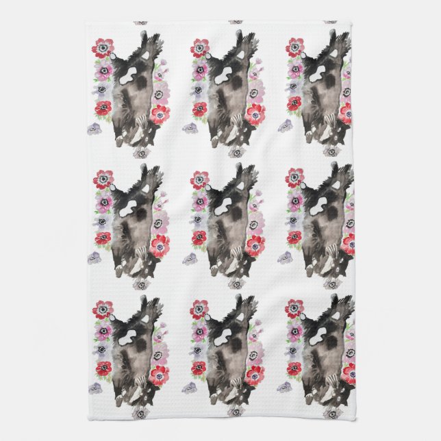 Tuxedo Cat Cute Pretty Flowers Cats Watercolor Kitchen Towel (Vertical)