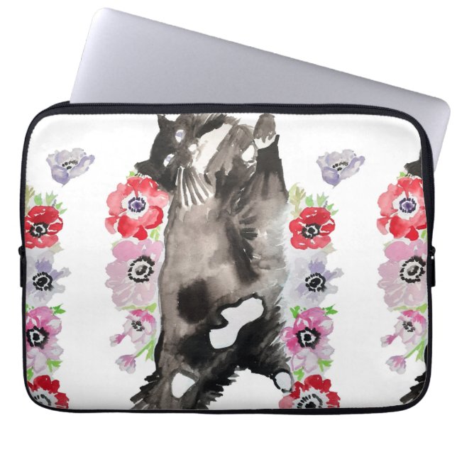 Tuxedo Cat Cute Pretty Flowers Cats Watercolor Laptop Sleeve (Front)