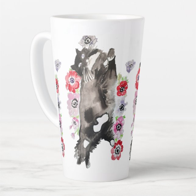Tuxedo Cat Cute Pretty Flowers Cats Watercolor Latte Mug (Left Angle)