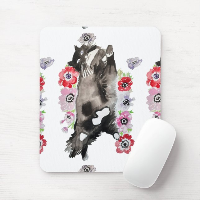 Tuxedo Cat Cute Pretty Flowers Cats Watercolor Mouse Pad (With Mouse)