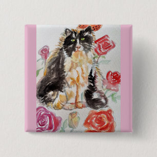 Tuxedo Cat Cute Roses Flowers Cats Watercolor Rose 2 Inch Square Button