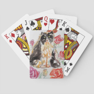 Tuxedo Cat Cute Roses Flowers Cats Watercolor Rose Playing Cards