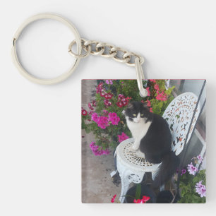 Tuxedo Cat Cute with Pretty Flowers Black Cats Keychain