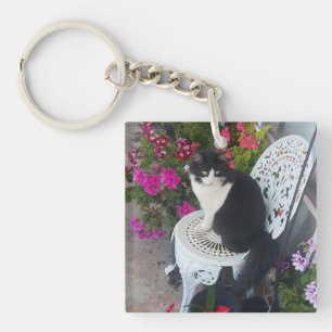 Tuxedo Cat Cute with Pretty Flowers Black Cats Keychain