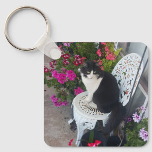 Tuxedo Cat Cute with Pretty Flowers Black Cats Keychain