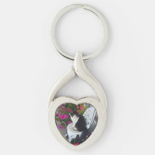 Tuxedo Cat Cute with Pretty Flowers Black Cats Keychain