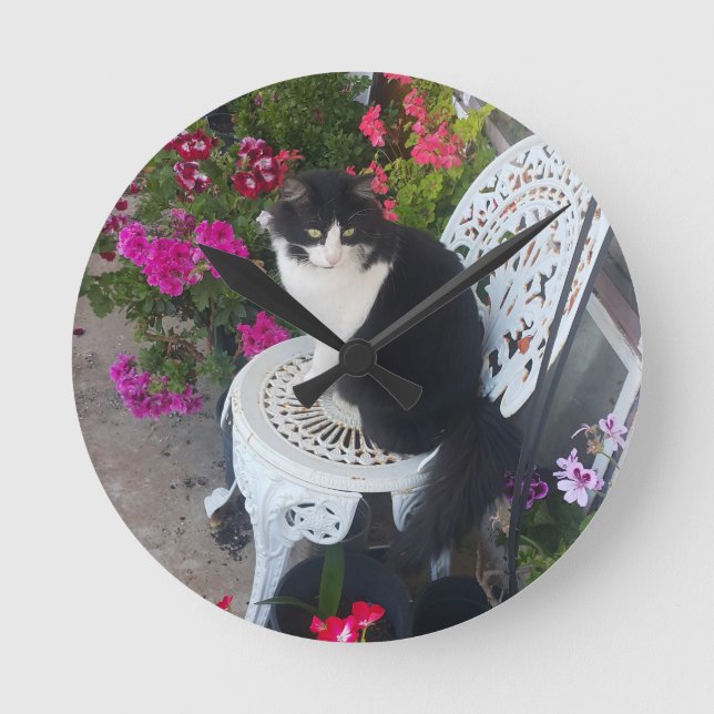 Tuxedo Cat Cute with Pretty Flowers Black Cats Round Clock (Front)