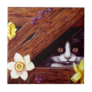 Tuxedo Cat Daffodils Art Creationarts Tile