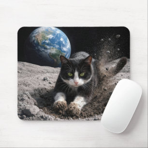 Tuxedo Cat Digging a Moon Crater Mouse Pad