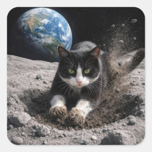 Tuxedo Cat Digging a Moon Crater Square Sticker