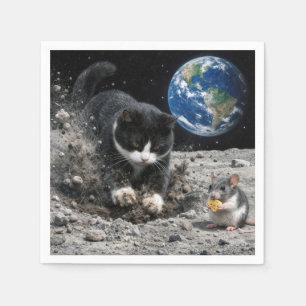 Tuxedo Cat Digging a Moon Crater with Mouse Napkin