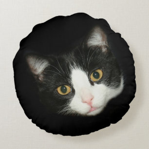 Tuxedo cat face round pillow