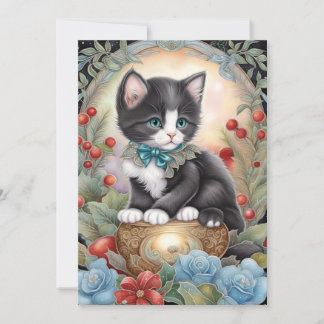 Tuxedo Cat Floral Art Nouveau  Holiday Card