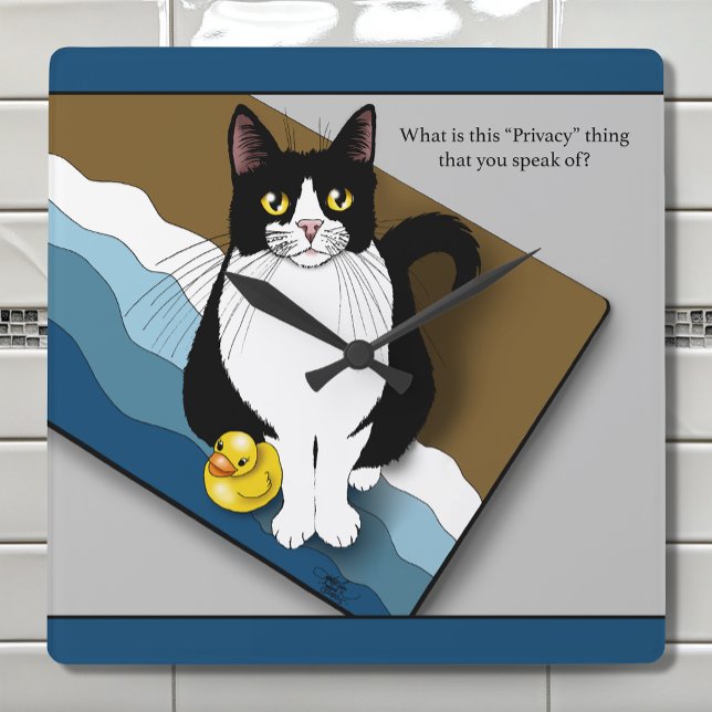 Tuxedo Cat Funny Bathroom Privacy Blue Square Wall Clock (Creator Uploaded)