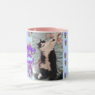 Tuxedo Cat Funny Happy Dance Birthday Mug Blue