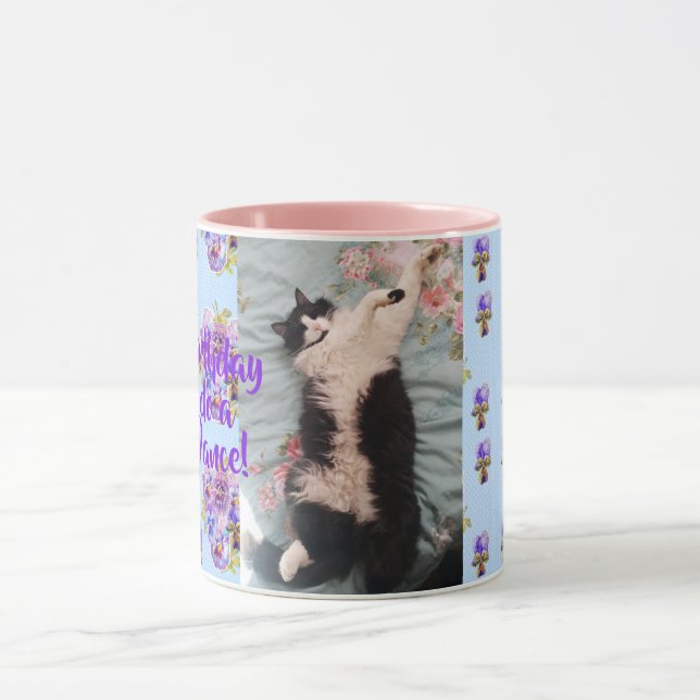 Tuxedo Cat Funny Happy Dance Birthday Mug Blue (Center)