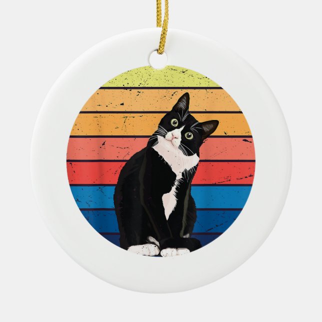 Tuxedo Cat Gift Retro Colours for Animal Lovers Ceramic Ornament (Front)