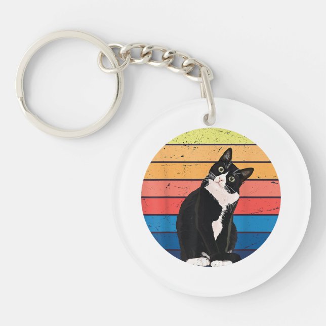 Tuxedo Cat Gift Retro Colours for Animal Lovers Keychain (Front)