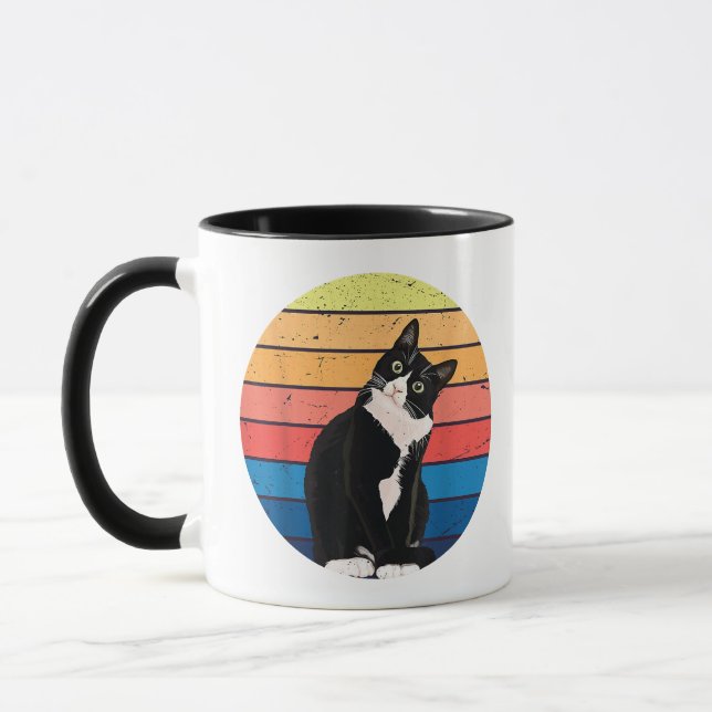 Tuxedo Cat Gift Retro Colours for Animal Lovers Mug (Left)