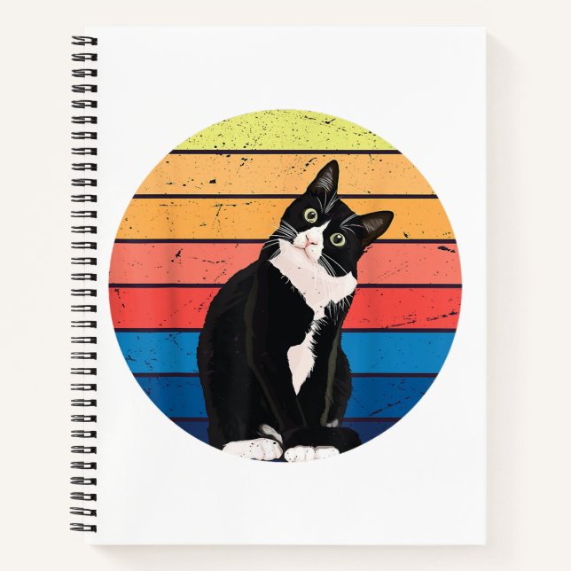 Tuxedo Cat Gift Retro Colours for Animal Lovers Notebook (Front)