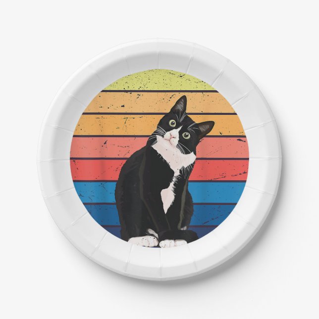 Tuxedo Cat Gift Retro Colours for Animal Lovers Paper Plate (Front)
