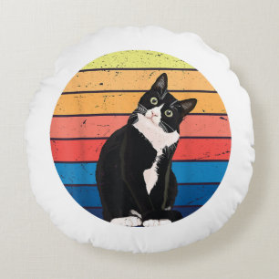 Tuxedo Cat Gift Retro Colours for Animal Lovers Round Pillow