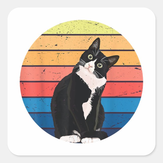Tuxedo Cat Gift Retro Colours for Animal Lovers Square Sticker (Front)