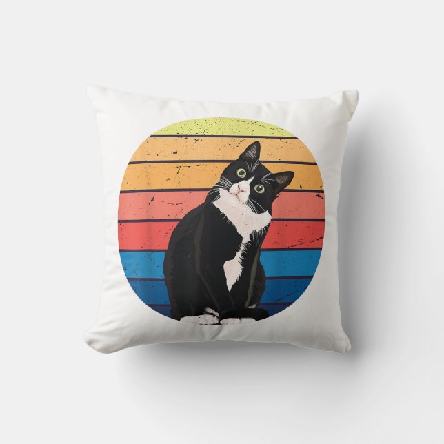 Tuxedo Cat Gift Retro Colours for Animal Lovers Throw Pillow (Front)