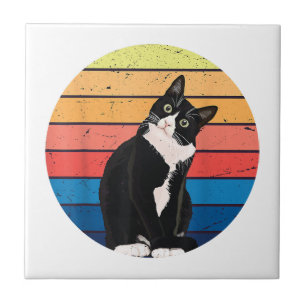 Tuxedo Cat Gift Retro Colours for Animal Lovers Tile