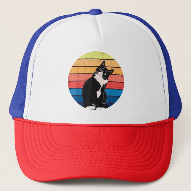 Tuxedo Cat Gift Retro Colours for Animal Lovers Trucker Hat (Front)