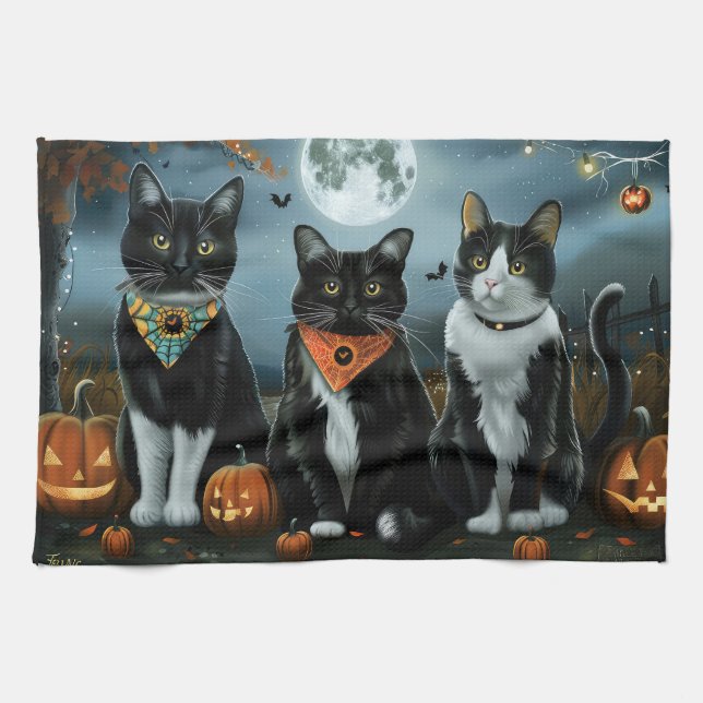 Tuxedo Cat Halloween Spooky Kitchen Towel (Horizontal)