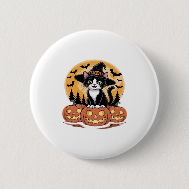 Tuxedo Cat Halloween Witch Cute Pumpkins Essential 2 Inch Round Button (Front)
