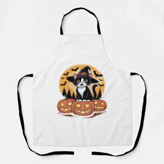 Tuxedo Cat Halloween Witch Cute Pumpkins Essential Apron (Front)