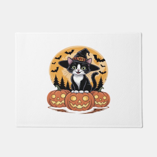 Tuxedo Cat Halloween Witch Cute Pumpkins Essential Doormat (Front)