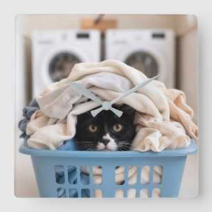 Tuxedo Cat Hiding in Laundry Basket Square Wall Clock