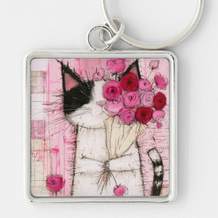 Tuxedo Cat Holding Pink Rose Bouquet Keychain