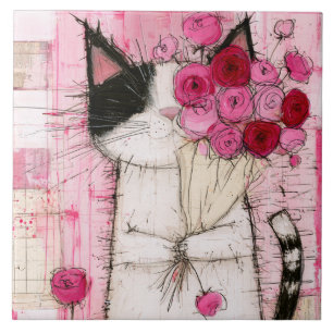 Tuxedo Cat Holding Pink Rose Bouquet Tile
